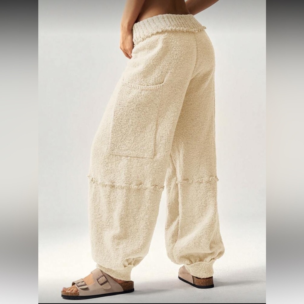 Boho Teddy Fleece Jogger Pants Cream Cozy Lounge Free People Style - Picture 2 of 8
